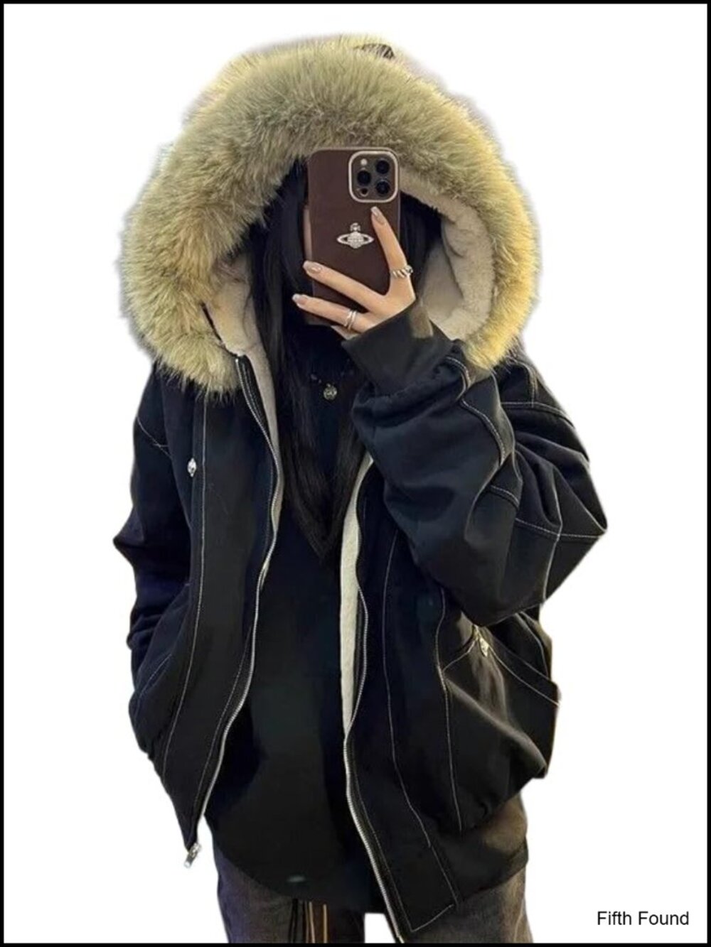 Y2K Streetwear Faux Fur Hood Zip Up Oversized Padded Jacket Emo Winter Coat